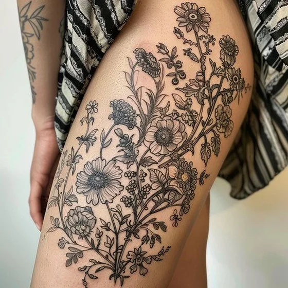 Fine Line Linework floral flower tattoo design for women on thigh