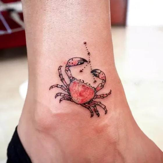 Fine Line Minimalist Cancer zodiac and star tattoo design for women on ankle