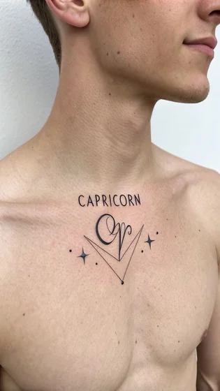 Fine Line Minimalist Capricorn and Star tattoo idea for men on sternum