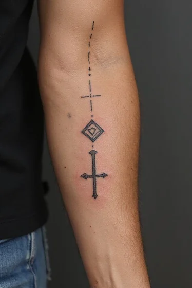 Fine Line, Minimalist Cross and Diamond tattoo design for men on forearm