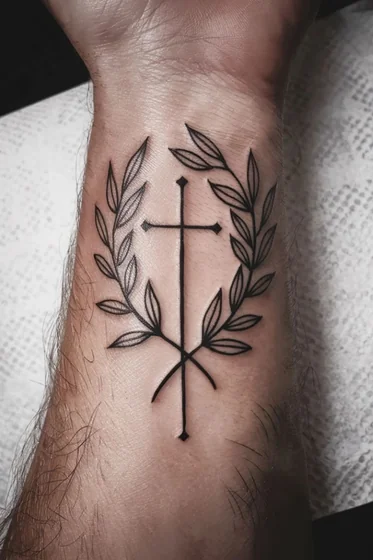 Fine Line Minimalist Cross and Floral wreath tattoo design for men on wrist
