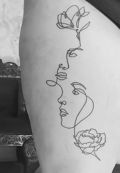Fine Line Minimalist Faces and Flowers tattoo idea for Men and Women on Rib