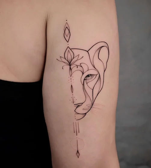 Fine Line Minimalist Lion and Lotus tattoo design for women on upper arm