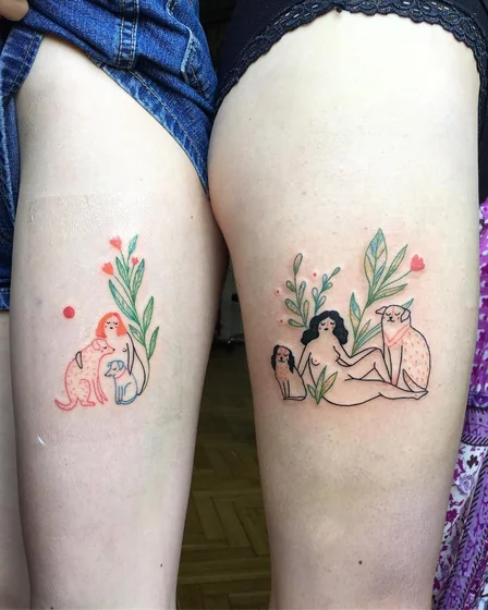 Fine Line Minimalist dog and floral tattoo design for women on thigh