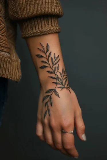 Fine Line Minimalist vine floral tattoo design for women on forearm and hand