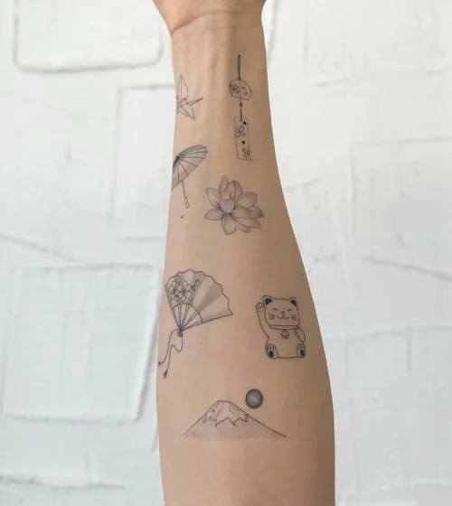 Fine Line Patchwork Lotus, Cat, Mountain tattoo design for women on forearm