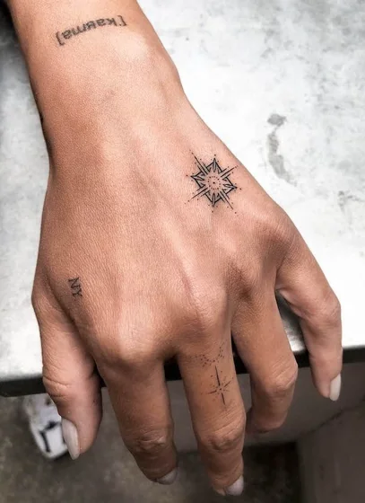 Fine Line Patchwork compass, quote, initial tattoo for women on hand.