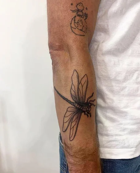 Fine Line Patchwork dragonfly, Little Prince & fox tattoo design for men on arm tattoo ideas