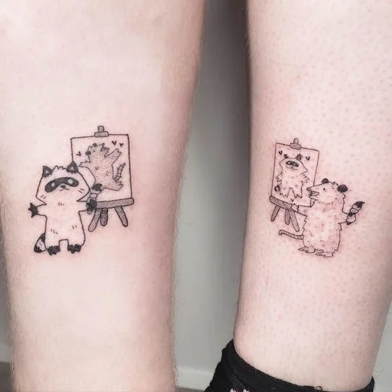 Fine Line Raccoon and Opossum painting tattoo design for women on calf