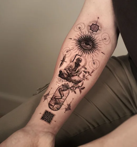 Fine Line Realism Sun, Snake, Meditating Figure tattoo for men.