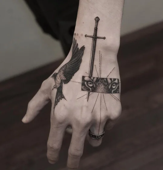 Fine Line Realism bird, sword, tiger tattoo idea for men on hand and wrist