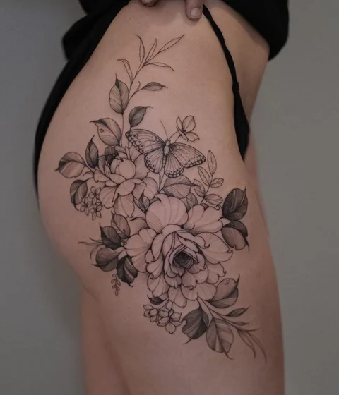 Fine Line Realism floral butterfly tattoo idea for women on thigh and hip