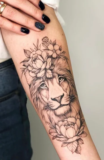 Fine Line Realistic Lion and Floral tattoo design for women on forearm
