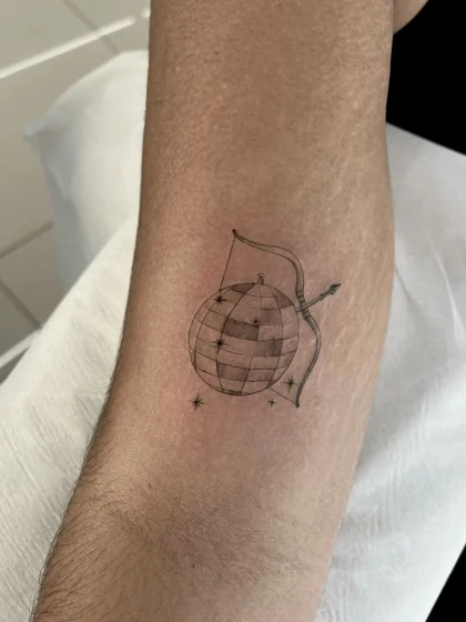 Fine Line Sagittarius, Arrow, Disco Ball tattoo for men on forearm