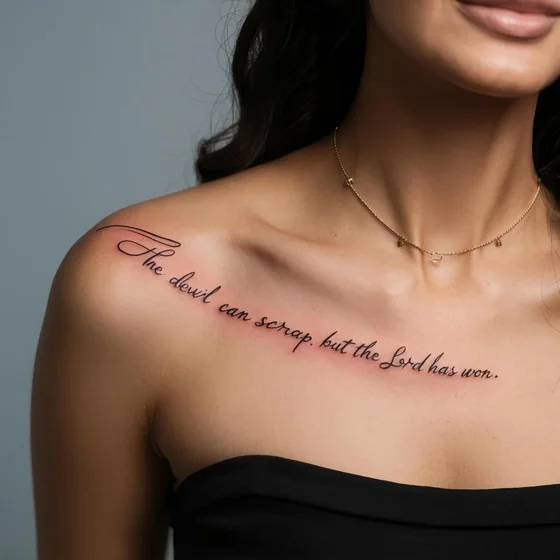 Fine Line Script Quote tattoo design for women on chest and shoulder