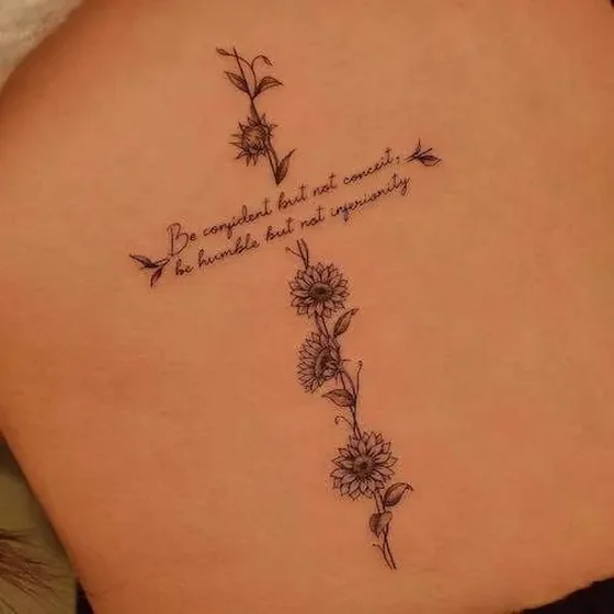 Fine Line Script Sunflower Quote Vine tattoo design for women on back