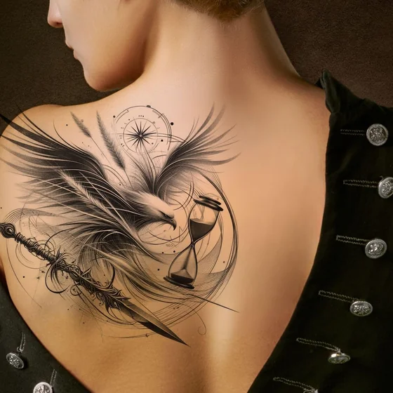 Fine Line Sketch Eagle, Sword, Hourglass tattoo design for women on back