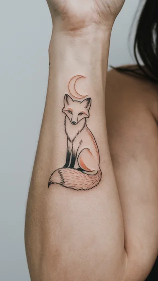 Fine Line Sketch Fox and Moon tattoo design for women on forearm