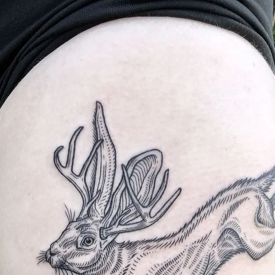 Fine Line Sketch Jackalope tattoo design on Hip