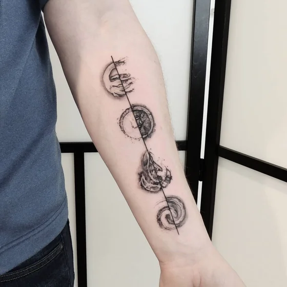Fine Line Sketch Moon Clock Galaxy tattoo idea for men on forearm