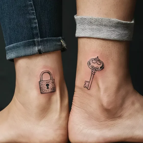 Fine Line, Sketch Padlock and Key tattoo for men, women on ankle