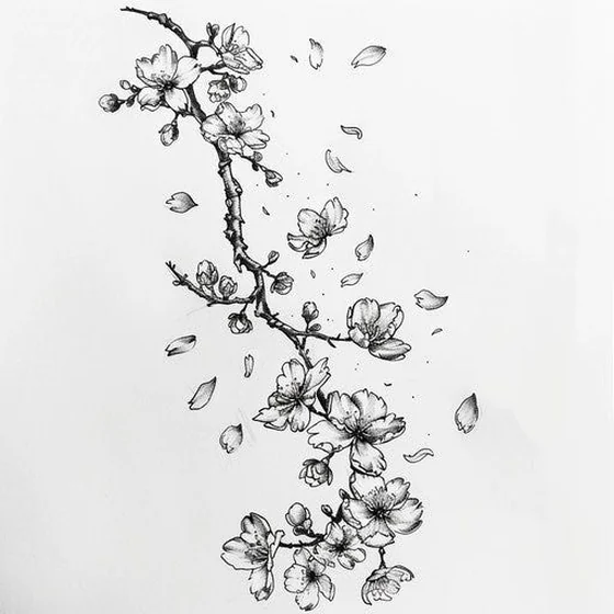 Fine Line Sketch floral flower branch tattoo design for women