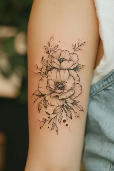 Fine Line Sketch floral flower tattoo design for women on upper arm