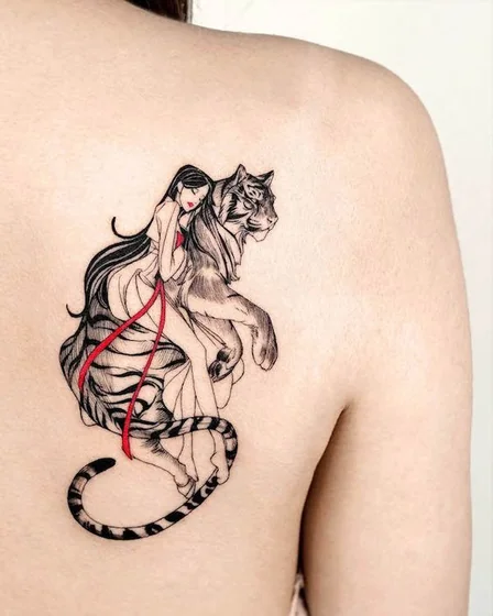 Fine Line Sketch tiger and female figure tattoo design for women on back