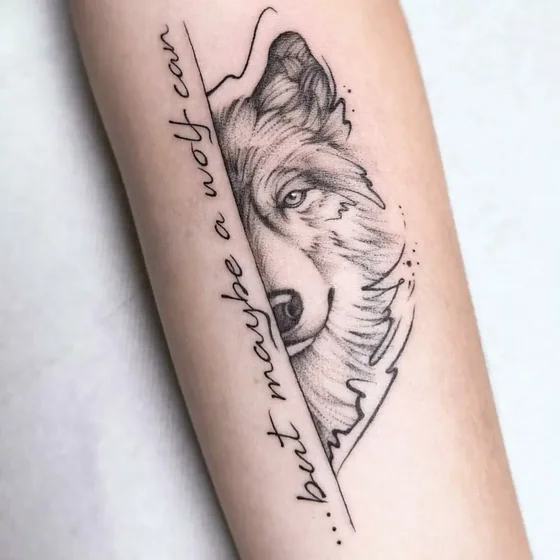 Fine Line Sketch wolf and quote tattoo design for women on forearm