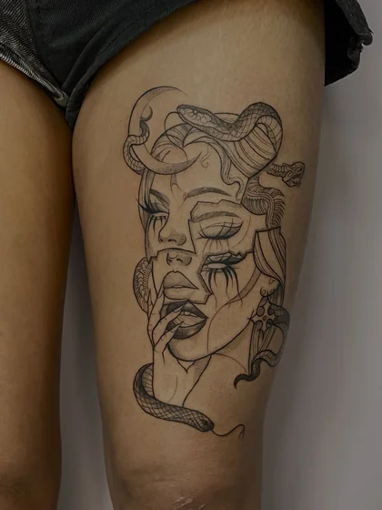 Fine Line Surrealism Medusa Snake Moon tattoo design for women on thigh