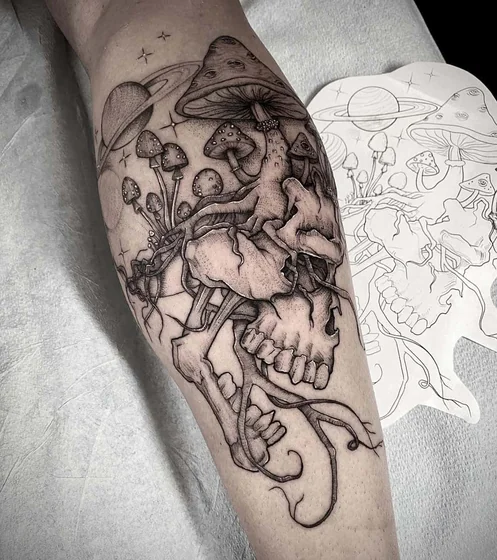 Fine Line Surrealism skull, mushroom, space tattoo design for men, women on calf