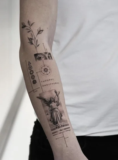 Fine Line Surrealism tattoo design for men: angel, eye, plant, geometric shapes on forearm.