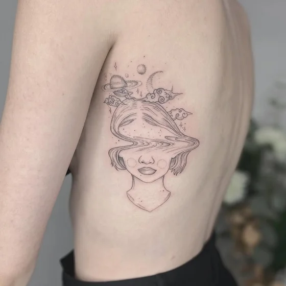 Fine Line Surrealism tattoo idea for women: melting face, planet, moon, stars on rib.