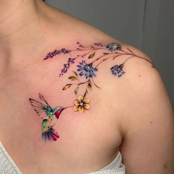 Fine Line Watercolor hummingbird and floral tattoo design for women