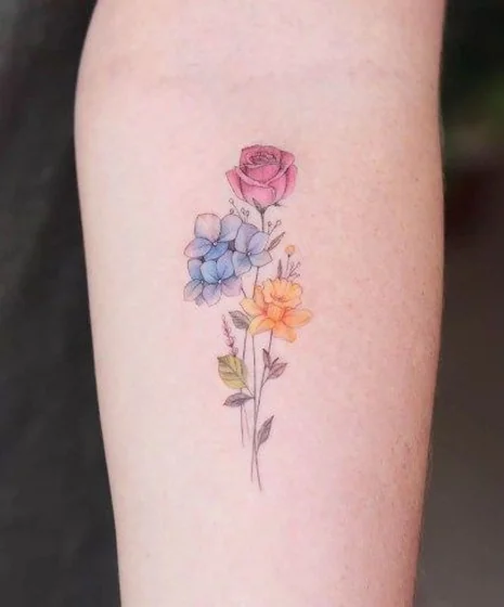 Fine Line Watercolor rose and floral tattoo design for women on arm