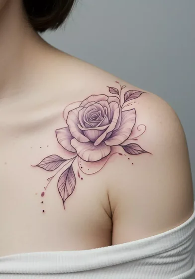 Fine Line Watercolor rose tattoo idea for women on shoulder