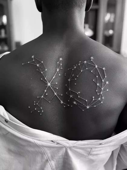 Fine Line and Dotwork Star Constellation XO tattoo design for men on back