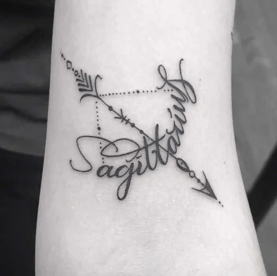 Fine Line and Script Sagittarius and Arrow tattoo design for women on forearm
