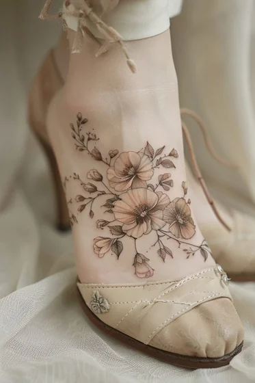 Fine Line and Sketch floral tattoo design for women on ankle