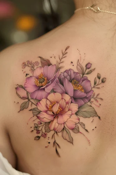 Fine Line and Watercolor floral tattoo design for women on shoulder