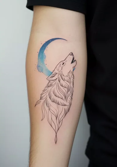 Fine Line and Watercolor wolf and moon tattoo design for men on forearm