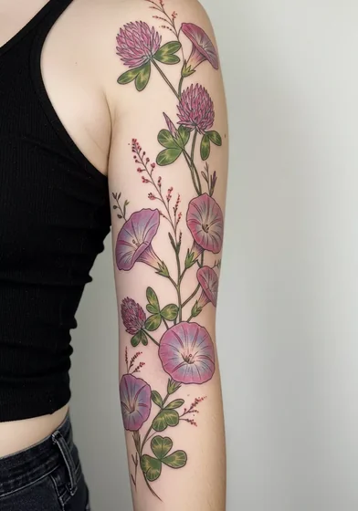 Fine Line botanical floral vine tattoo design for women on upper arm