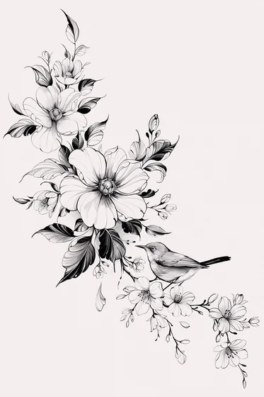 Fine Line floral and bird tattoo design for women