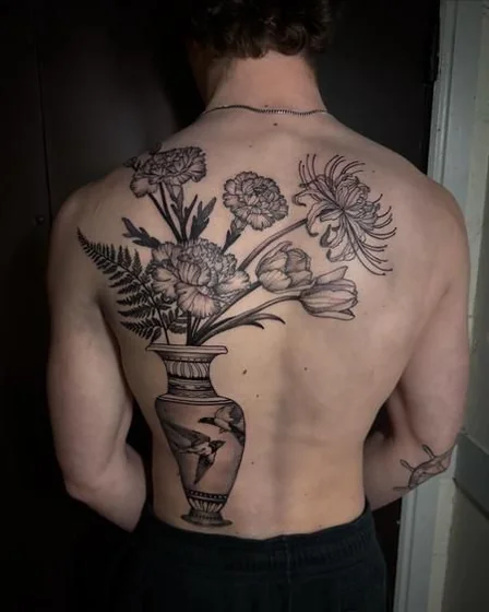 Fine Line floral and bird vase tattoo design for men on back