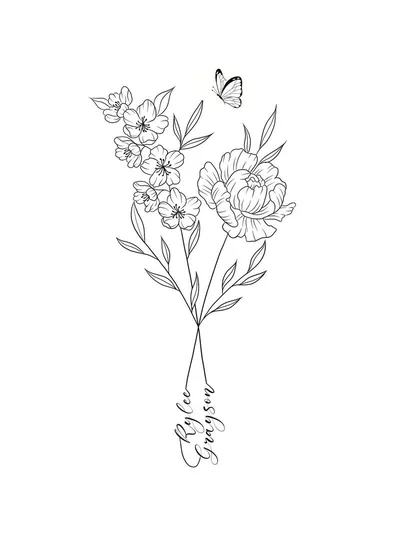 Fine Line floral butterfly and name tattoo design for women