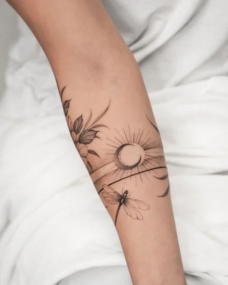 Fine Line floral, dragonfly forearm tattoo for women