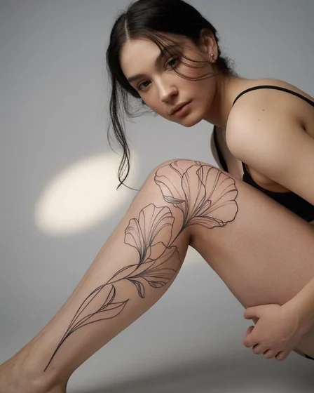 Fine Line floral tattoo design for women on knee and calf