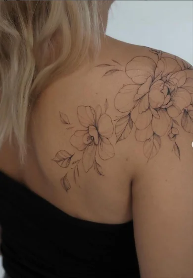 Fine Line floral tattoo design for women on shoulder and back