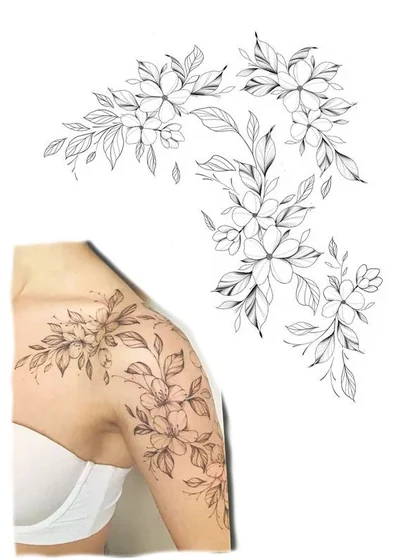 Fine Line floral tattoo design for women on shoulder and upper arm