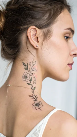 Fine Line floral vine tattoo design for women on neck and shoulder